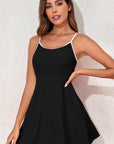 Black Sporty Ribbed Spaghetti Straps One Piece Swimdress