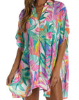 Multicolor Tropical Print Button-up Short Sleeve Beach Cover Up Embrace Island Chic