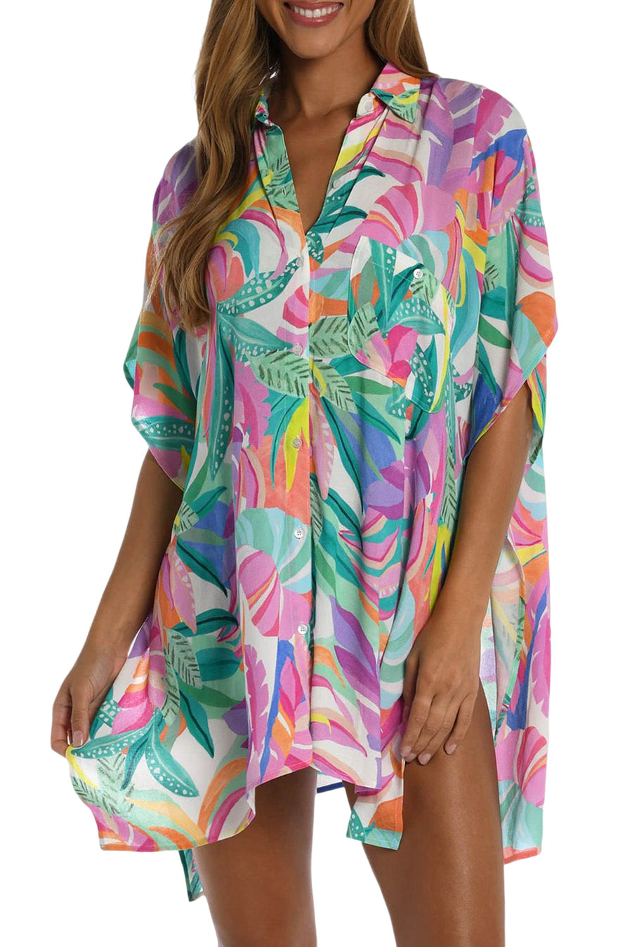 Multicolor Tropical Print Button-up Short Sleeve Beach Cover Up Embrace Island Chic