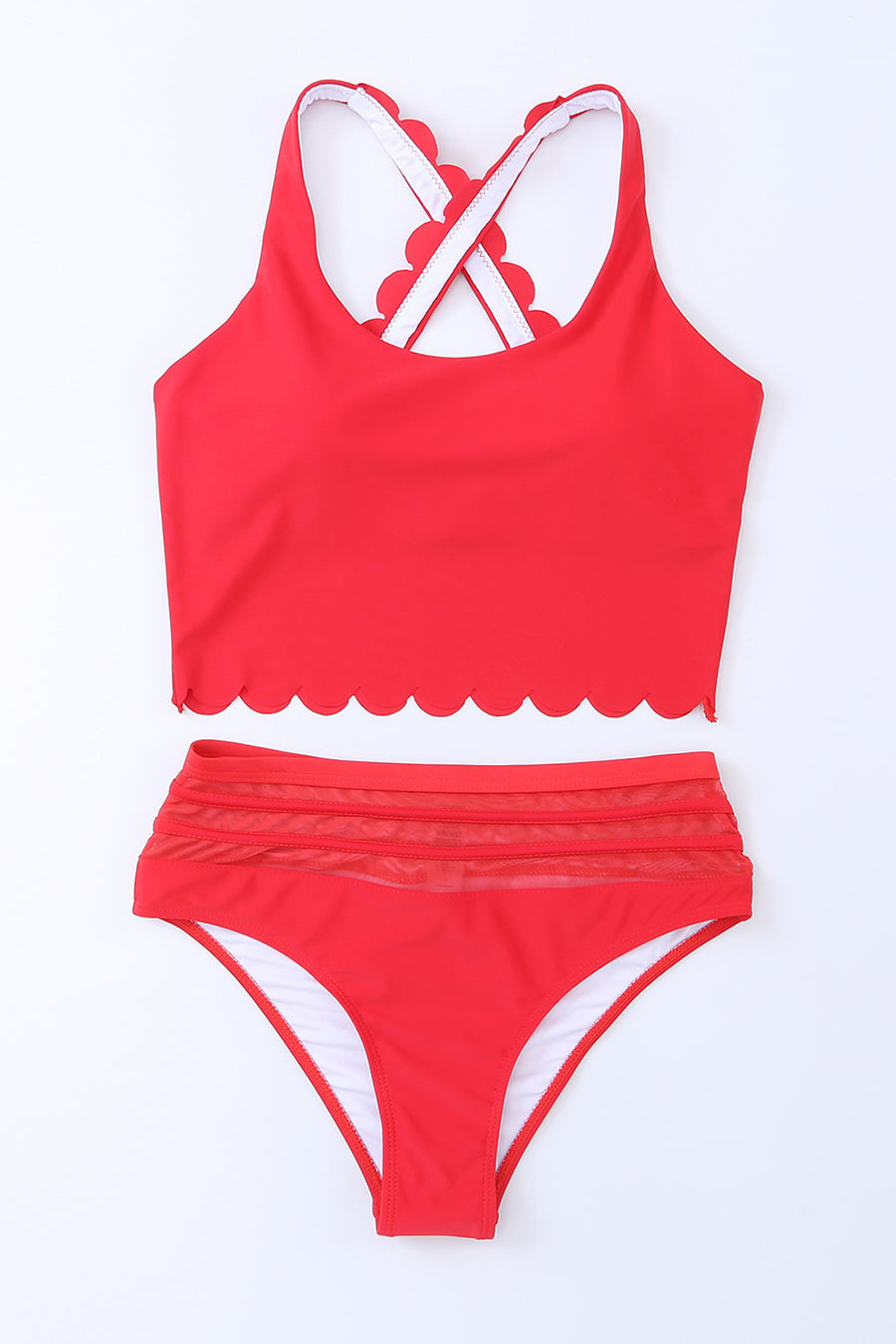 Pink Scalloped Sleeveless High Waisted Two Piece Swimsuit