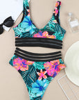 Green Tropical Floral Print Mesh Splicing Trim Bikini Swimsuit