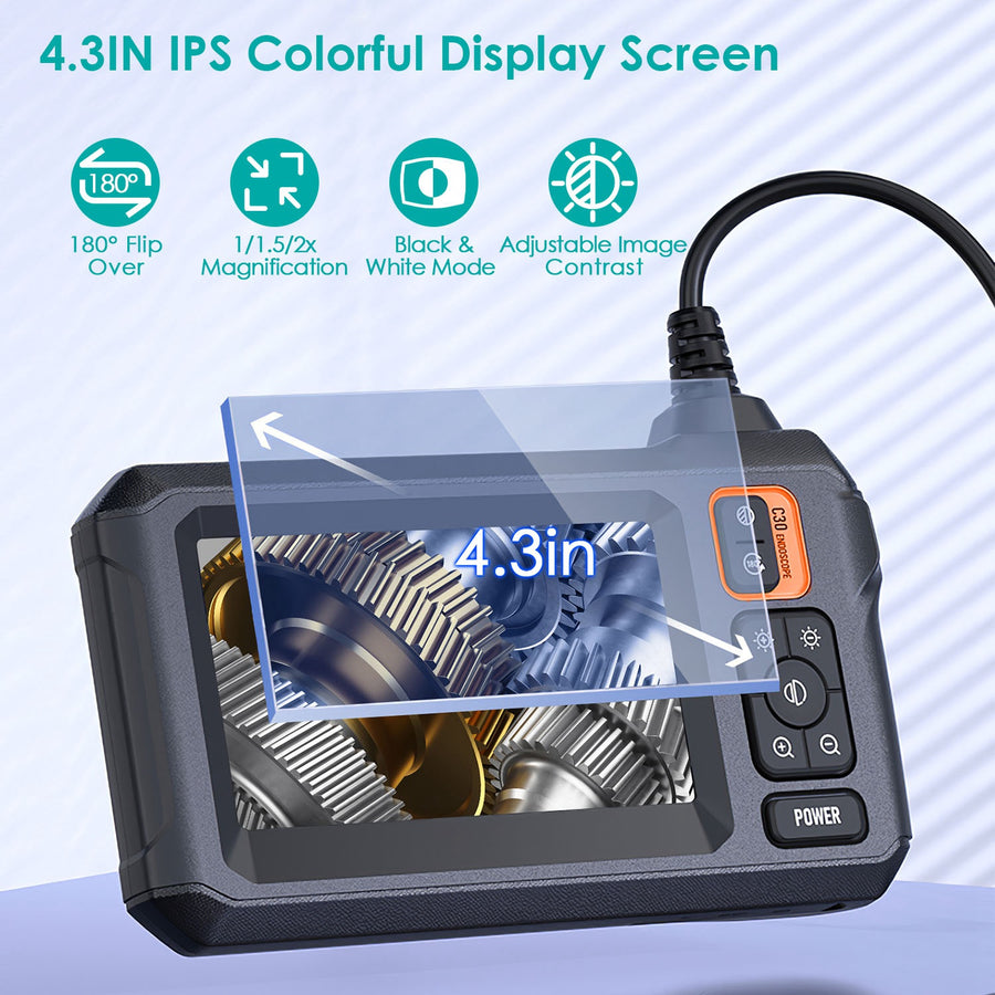 Industrial Endoscope Camera 1080P 4.3In Colorful IPS Screen 8mm IPX7 Waterproof Digital Snake Camera with 8Pcs LED Lights Inspection Camera with 16.4F