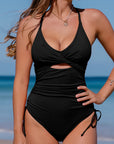 Black Ribbed Sexy Cutout One Piece Swimsuit