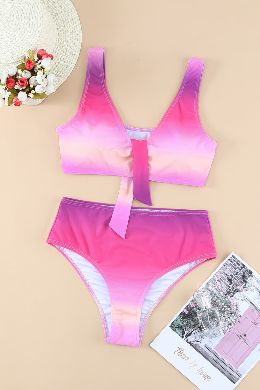 Purple Patchwork Bikini Swimsuit Women Bathing Suits Gradient Color Knotted V Neck Bikini Set