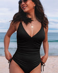 Black Adjustable Straps Ribbed Knit Backless One Piece Swimsuit