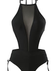 Black Mesh Splicing Knotted Halter Backless One Piece Swimsuit