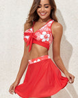 Fiery Red 3pcs Flower Printed Crossed Top and A Line Skirt Bikini Set