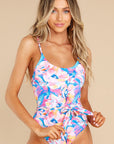 Pink Floral Print Knot High Waist One Piece Swimsuit