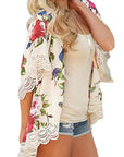 Beige Floral Print Scalloped Lace Splicing Kimono