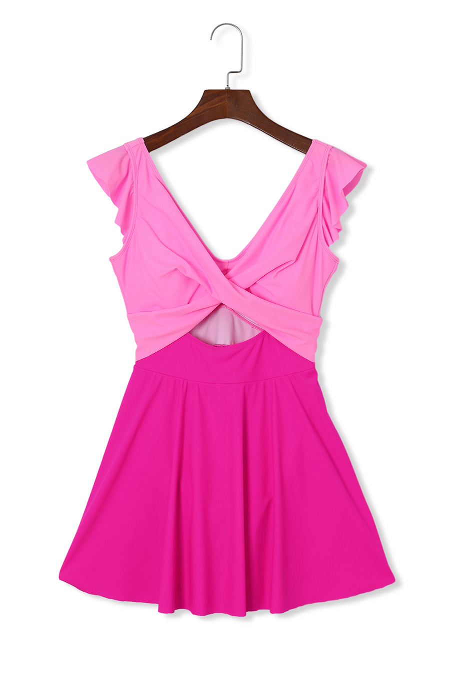 Bright Pink Cut Out Ruffle Crossed One Piece Swimdress