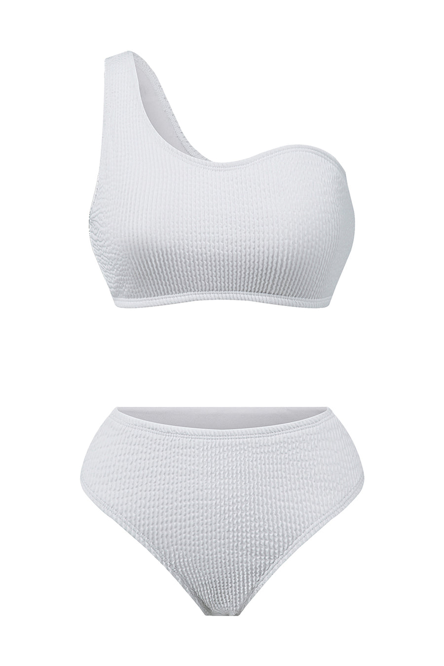 White Crinkle Textured Asymmetric Bikini Swimsuit