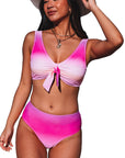 Purple Patchwork Bikini Swimsuit Women Bathing Suits Gradient Color Knotted V Neck Bikini Set