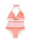 Pink Mesh Contrast Pom Details High Waisted Bikini Swimsuit