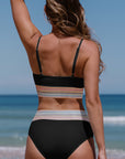 Black Striped Patchwork Spaghetti Strap High Waist Bikini Set