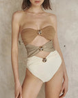 New Cutout Buttons One Piece Swimsuit and Sarong Set