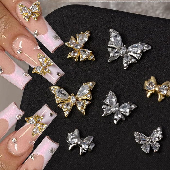 Gold Silver Butterfly Alloy Charms Rhinestones Nail Decoration