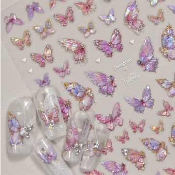 5D Nail Stickers Pink Butterfly Shell Light Design Adhesive Nail Decals