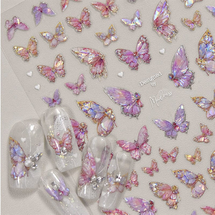 5D Nail Stickers Pink Butterfly Shell Light Design Adhesive Nail Decals