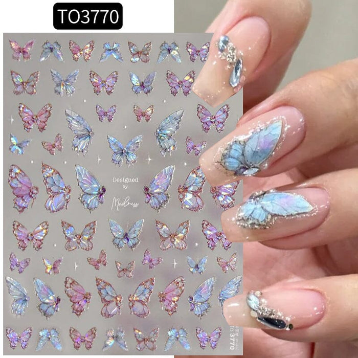 5D Nail Stickers Pink Butterfly Shell Light Design Adhesive Nail Decals