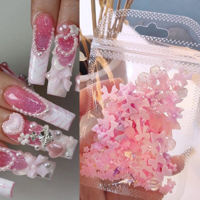 100pcs Random Mixed Pink Bowknot Heart 3D Nail Decorations