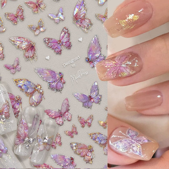 5D Nail Stickers Pink Butterfly Shell Light Design Adhesive Nail Decals