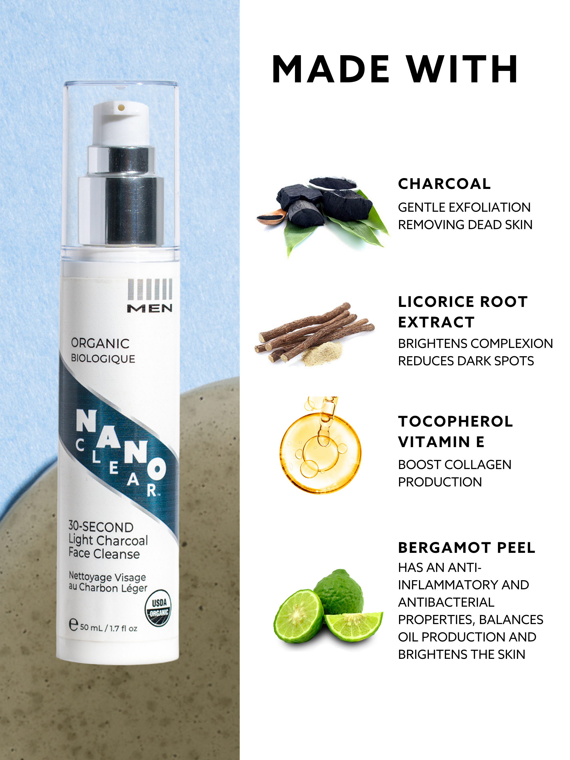 Nano-Clear - 30-SECOND Light Charcoal Face Cleanse - 50ml