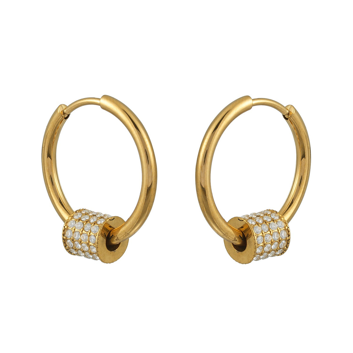 DUNIYA Gold: Mini Hoop Earrings with Barrel Pavé Zirconia Stones Charm – Luxe Modern Style