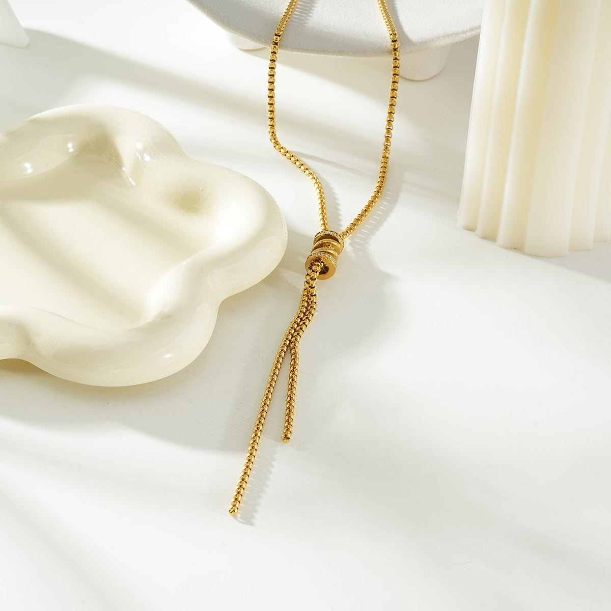 MAHANA Gold: Lariat Necklace with Sliding Bead & Tassel Drop – Modern Minimal Statement
