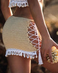 Hand Crochet Mini Tight Fit Women Beach Shell Bikini Swim Skirt Lace-UP Details Sides