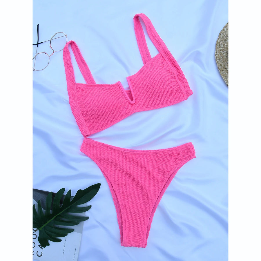 Women Swimsuit Female Rib Bikini Set Solid Swimwear For Bathing Suit Swimming Suits Beachwear