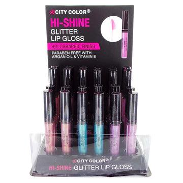 CITY COLOR Hi-Shine Glitter Lip Gloss, Holographic Finish Display Set, 24 pieces - Free Shipping