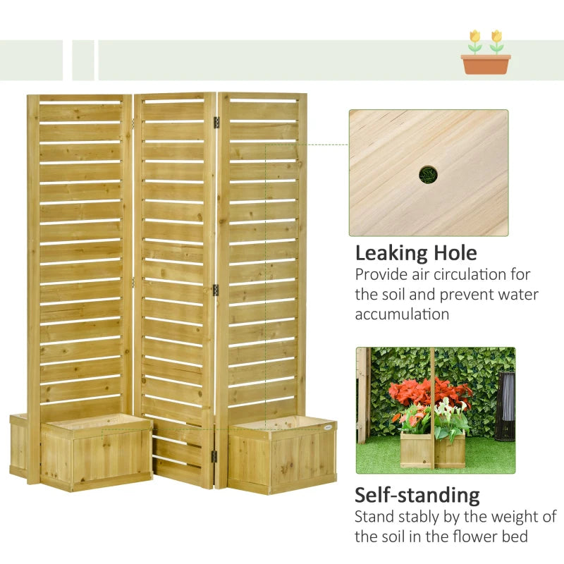 Outsunny Outdoor Privacy Screen Wood Privacy Panel with 4 Planter Boxes, Raised Bed with 3 Panels, Drainage Holes