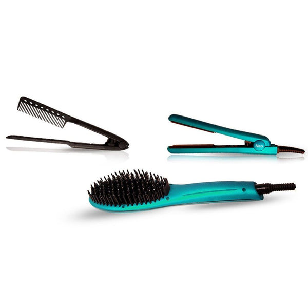 Complete Hair Styling Set: Heated Brush, 0.5 Mini Iron & Easy Comb with Magnet Box