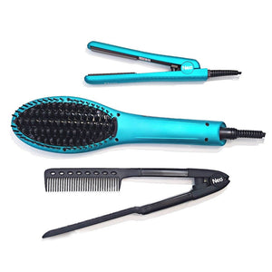 Complete Hair Styling Set: Heated Brush, 0.5 Mini Iron & Easy Comb with Magnet Box