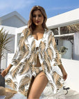 Sexy Bikini 3 Piece Set Solid Top Low Waisted Bottom With Long Sleeved Women Summer Beachwear