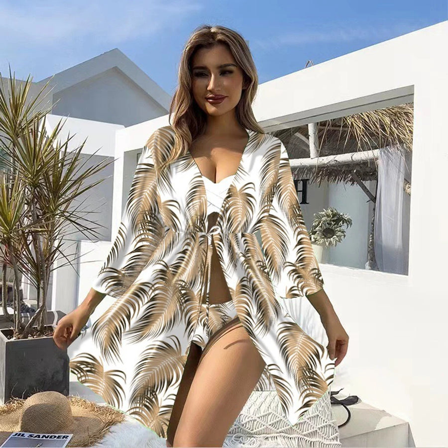 Sexy Bikini 3 Piece Set Solid Top Low Waisted Bottom With Long Sleeved Women Summer Beachwear