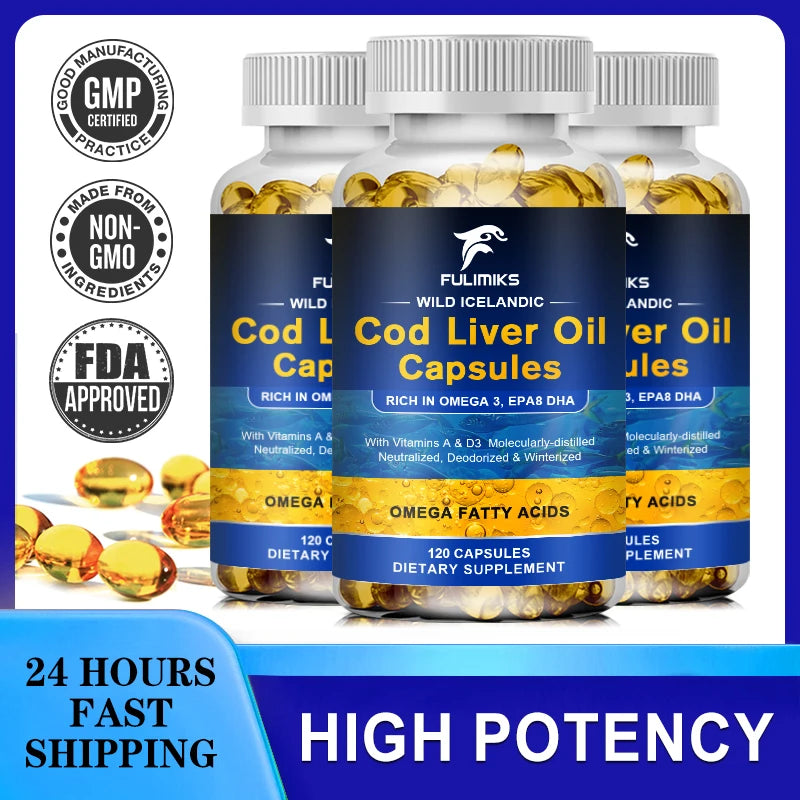 Wild Icelandic Cod Liver Oil Capsules Rich In Omega 3, EPA8 DHA Omega Fatty Acids High Potency 120 Capsules