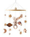 Wooden Baby Bed Bell: Cartoon Rabbit Mobile Hanging Rattles Toy Hanger, Crib Mobile with Wood Toy Holder Arm Bracket, Ideal Kid Gift