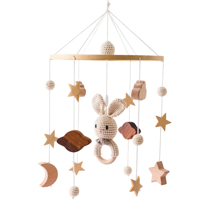 Wooden Baby Bed Bell: Cartoon Rabbit Mobile Hanging Rattles Toy Hanger, Crib Mobile with Wood Toy Holder Arm Bracket, Ideal Kid Gift