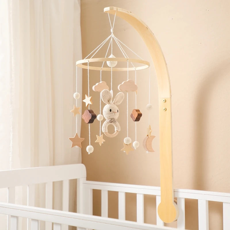 Wooden Baby Bed Bell: Cartoon Rabbit Mobile Hanging Rattles Toy Hanger, Crib Mobile with Wood Toy Holder Arm Bracket, Ideal Kid Gift