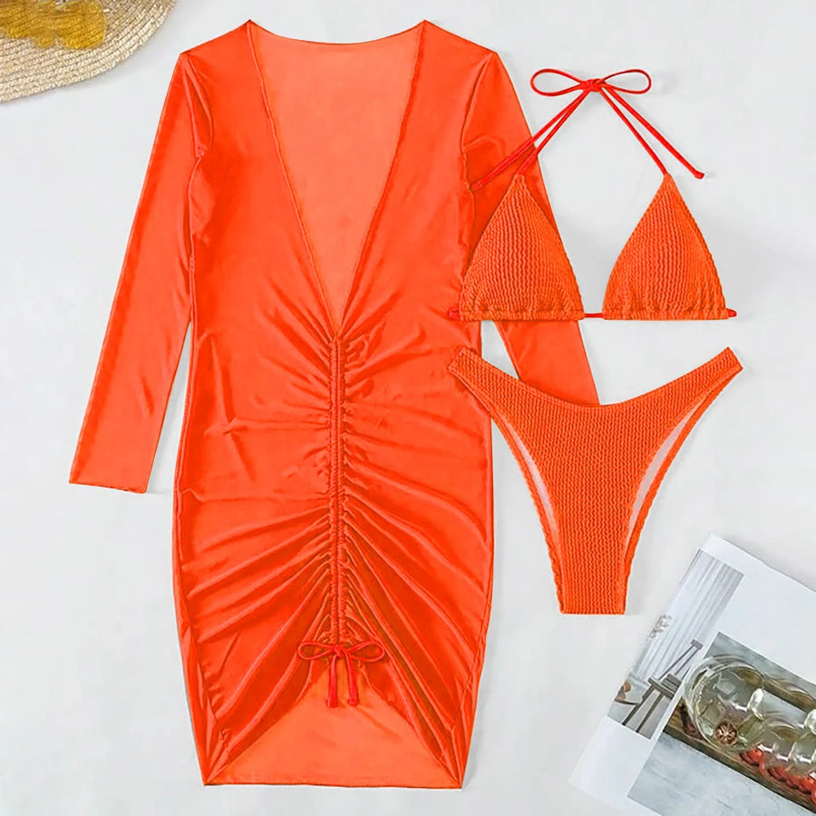 Sexy Solid Halter Bikini Swimsuit Women Swimwear Cover Up Beach Wear Bikini Set 3 Pieces Woman Suit