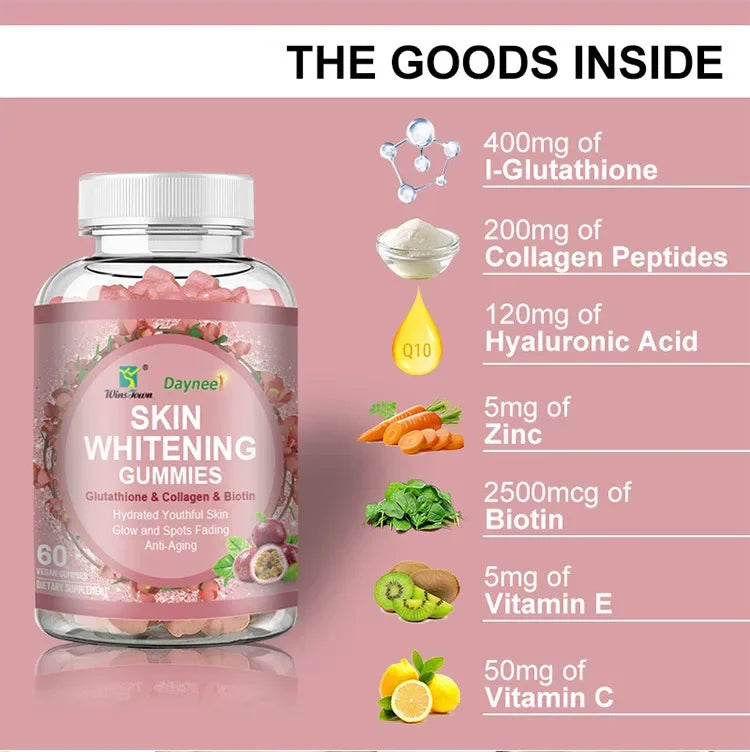 Skin Whitening Gummies Glutathione Collagen & Biotin Hydrated Youthful Skin Glow and Sport  Anti-Aging 2000mg