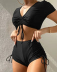 Black Drawstring Swimwear Bikinis Crop Top Shorts Women Sexy Bathing Swim