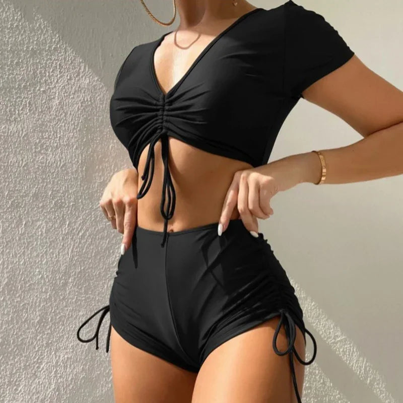 Black Drawstring Swimwear Bikinis Crop Top Shorts Women Sexy Bathing Swim