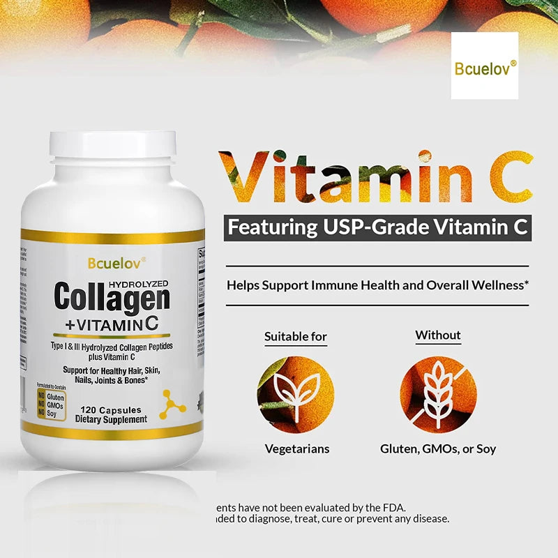 Bcuelov Collagen Vitamin C Support For Healthy Hair, skin, Nail 120 Capsules Dieatary Suppllement