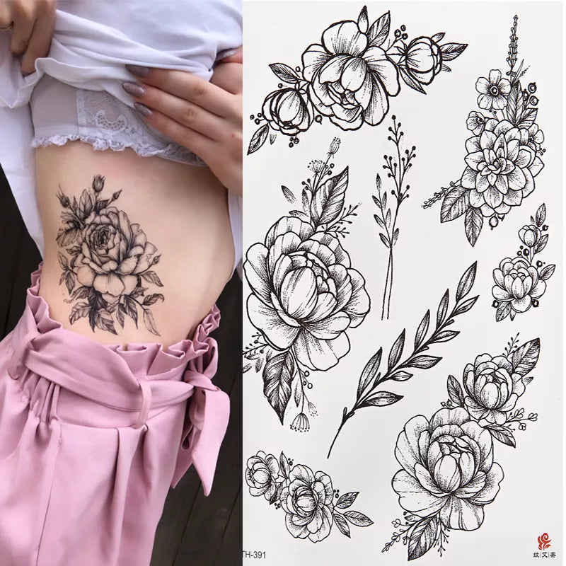 Waterproof Temporary Tattoo Sticker Flower Pattern Design Full Flower Arm Body Art Large Tattoo Sticker Black Roses 1PC