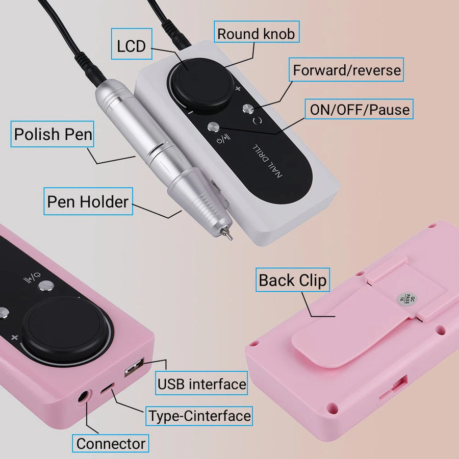 USB Rechargeable Nail Drill Manicure Machine Professional Nail Care 45000RPM