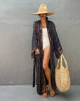 Boho Stripe Tie Dye Swimsuit Cover Up with Belt Cardigan Dress