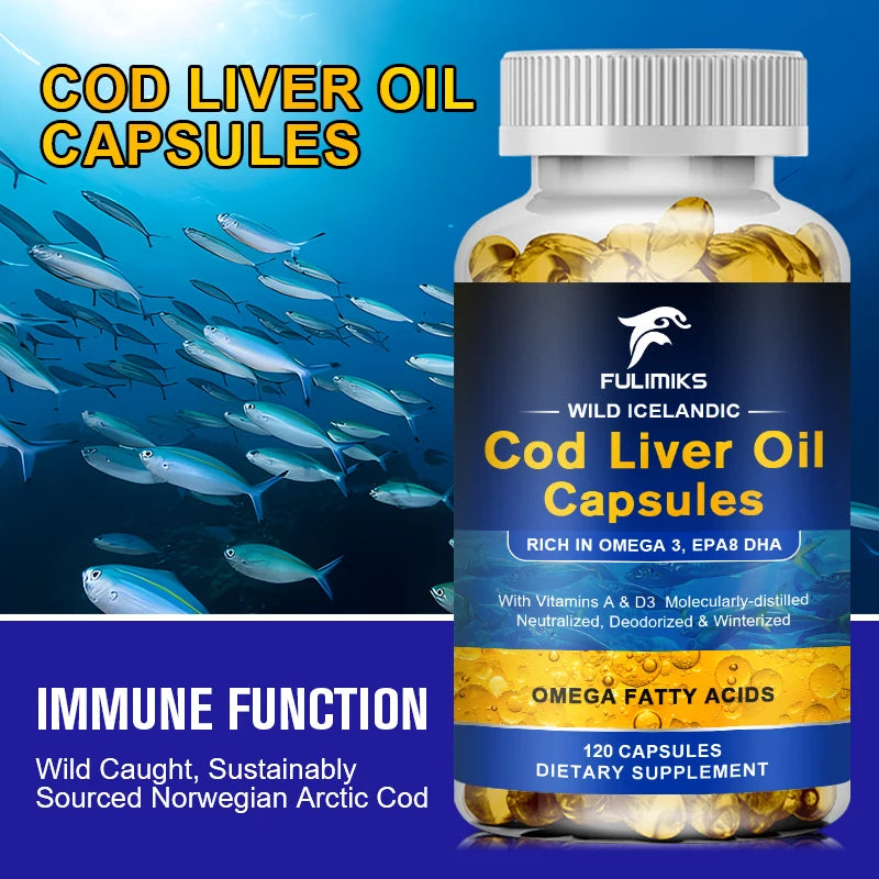 Wild Icelandic Cod Liver Oil Capsules Rich In Omega 3, EPA8 DHA Omega Fatty Acids High Potency 120 Capsules