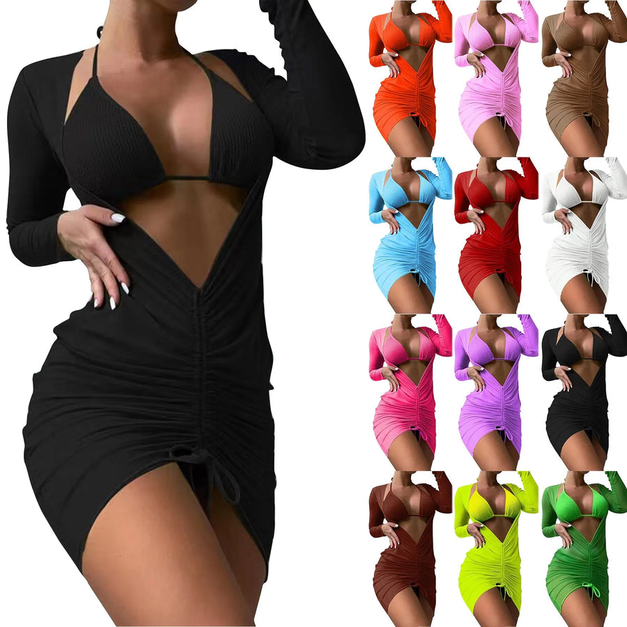 Sexy Solid Halter Bikini Swimsuit Women Swimwear Cover Up Beach Wear Bikini Set 3 Pieces Woman Suit